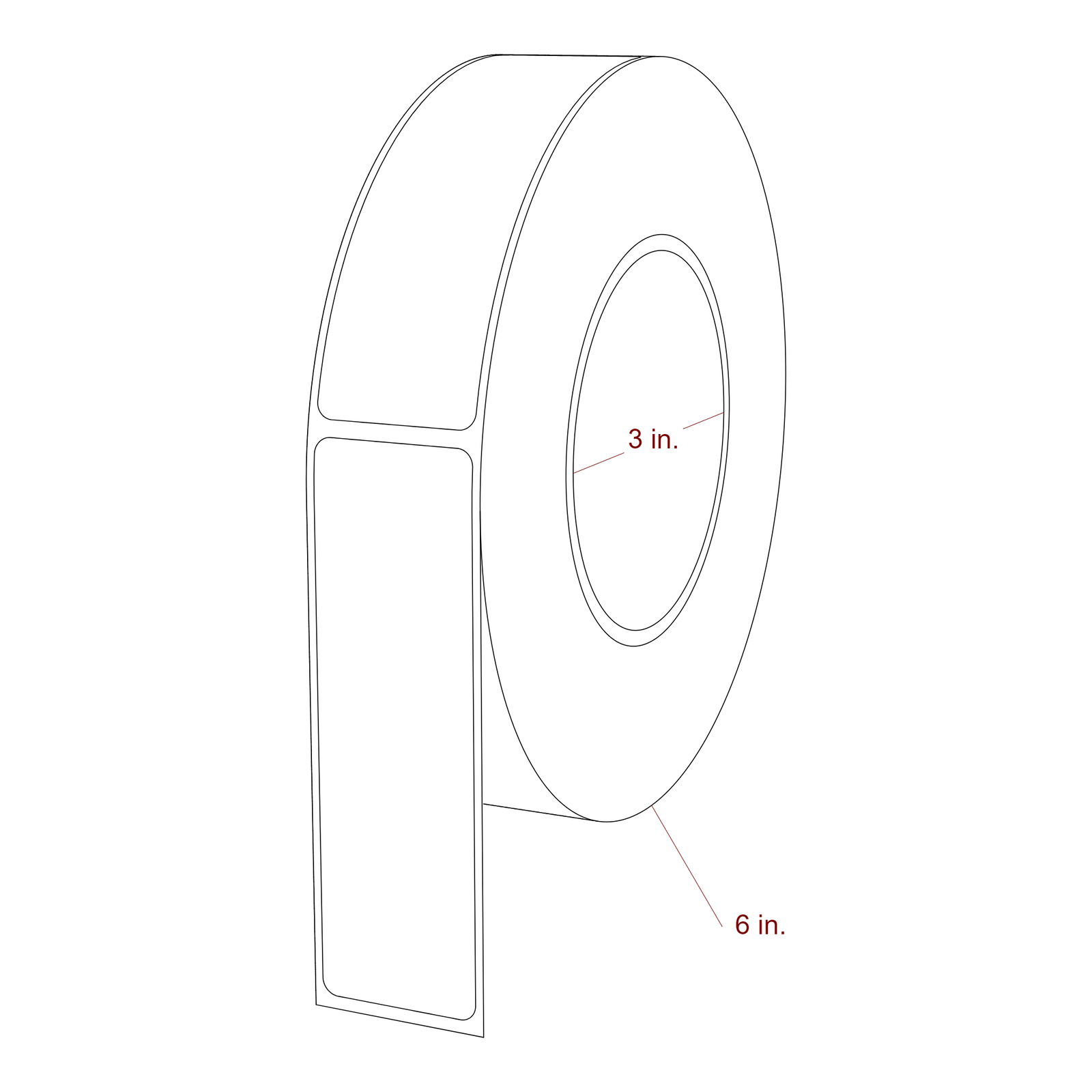 1.25 Inch x 4.125 Inch Rectangle Inkjet Label Roll - 3 Inch Core - 6 Inch Roll OD - 3D Perspective