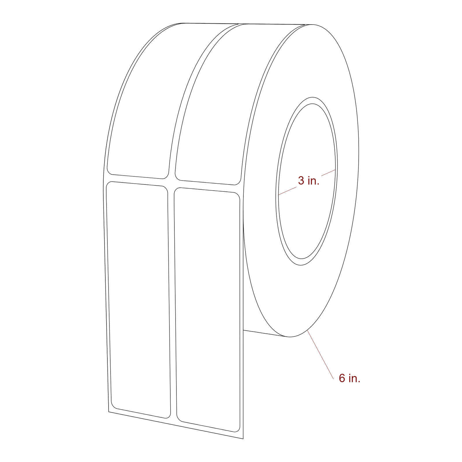 1.25 Inch x 4.25 Inch Rectangle Inkjet Label Roll - 3 Inch Core - 6 Inch Roll OD - 2Up - 3D Perspective