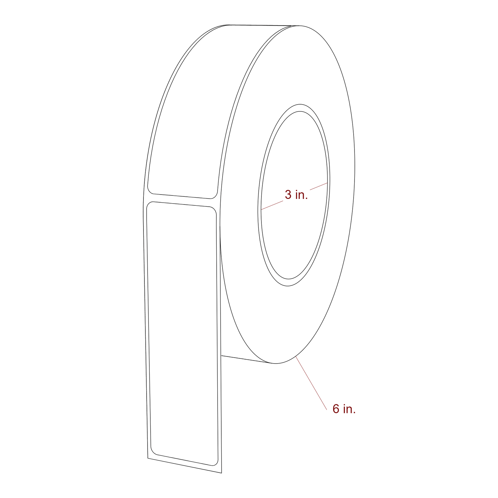 1.25 Inch x 4.25 Inch Rectangle Inkjet Label Roll - 3 Inch Core - 6 Inch Roll OD - 3D Perspective