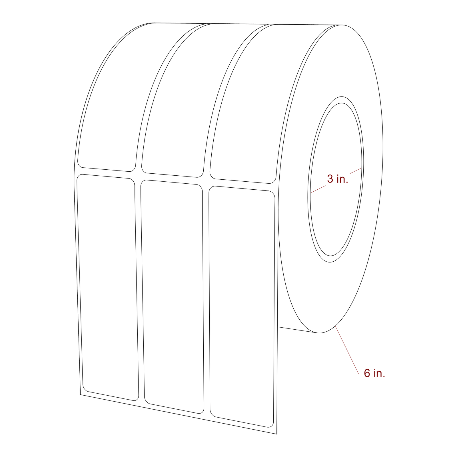 1.25 Inch x 4.25 Inch Rectangle Inkjet Label Roll - 3 Inch Core - 6 Inch Roll OD - 3Up - 3D Perspective