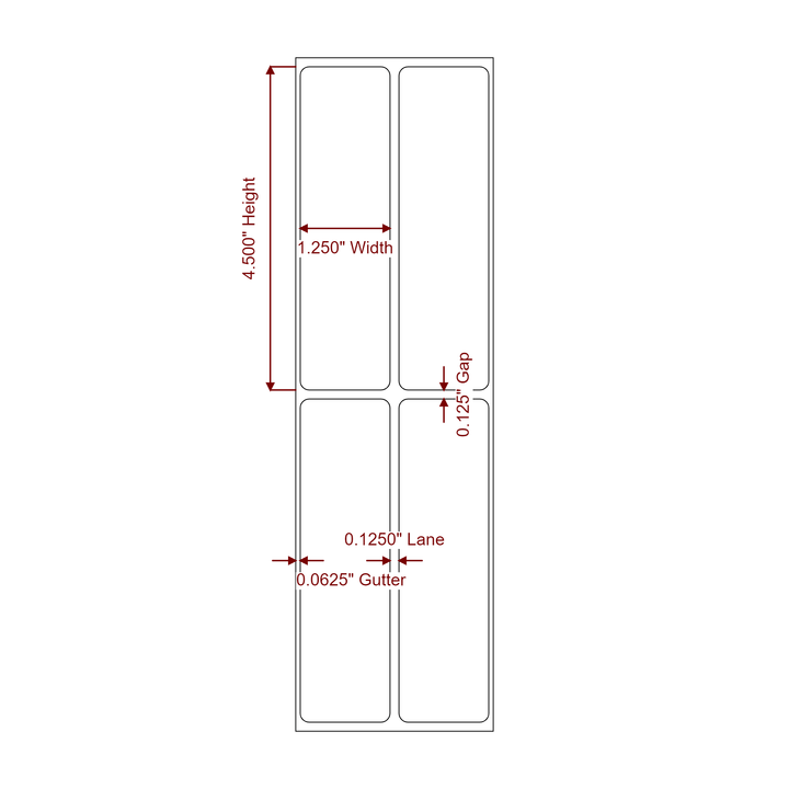 1.25 Inch x 4.5 Inch Rectangle Inkjet Label Roll - 2Up - 2D Drawing
