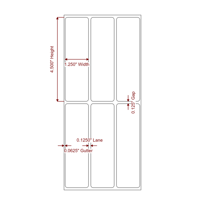 1.25 Inch x 4.5 Inch Rectangle Inkjet Label Roll - 3Up - 2D Drawing