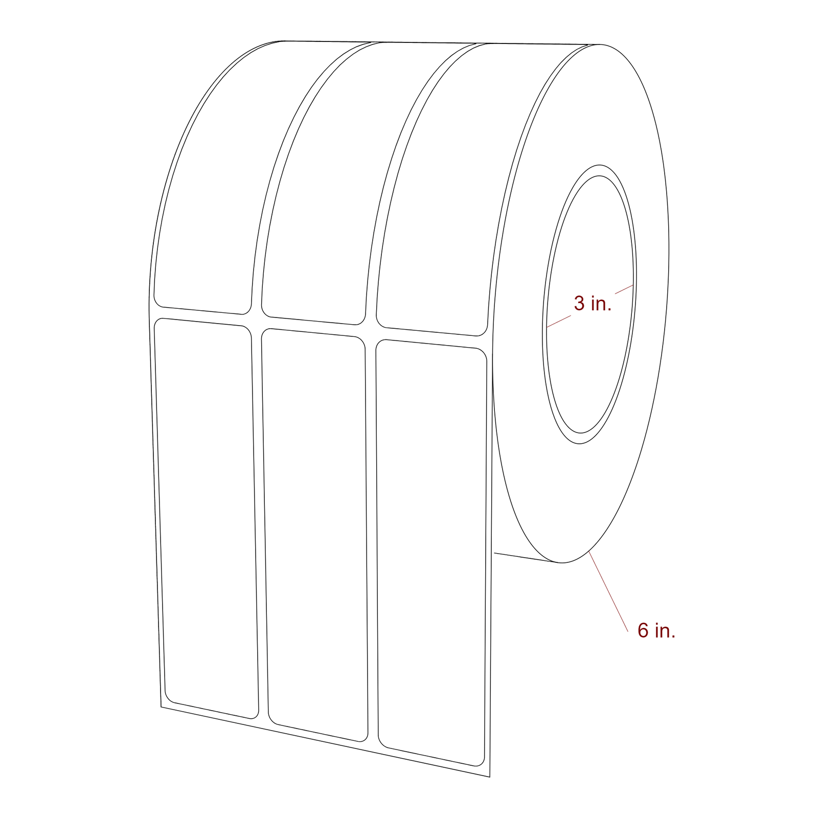 1.25 Inch x 4.5 Inch Rectangle Inkjet Label Roll - 3 Inch Core - 6 Inch Roll OD - 3Up - 3D Perspective