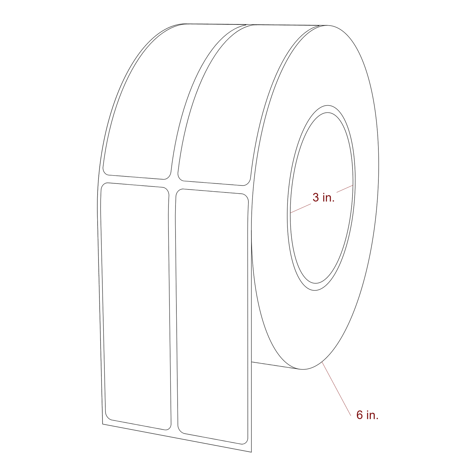 1.25 Inch x 4 Inch Rectangle Inkjet Label Roll - 3 Inch Core - 6 Inch Roll OD - 2Up - 3D Perspective