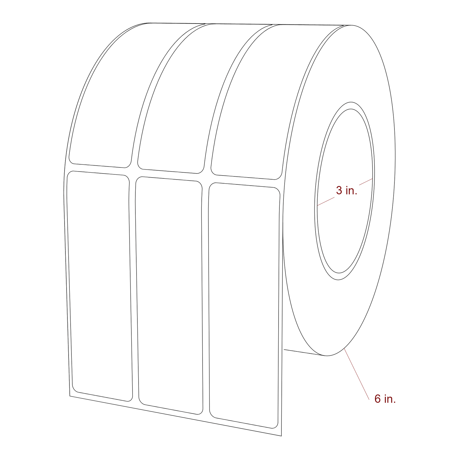1.25 Inch x 4 Inch Rectangle Inkjet Label Roll - 3 Inch Core - 6 Inch Roll OD - 3Up - 3D Perspective