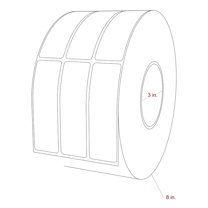 1.25 Inch x 4 Inch Rectangle Inkjet Label Roll - 3 Inch Core - 8 Inch Roll OD - 3Up - 3D Perspective