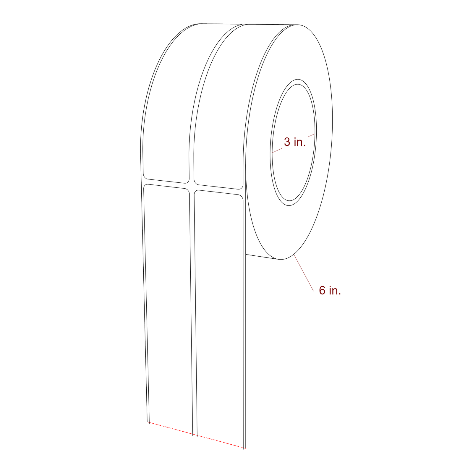 1.25 Inch x 5.25 Inch Rectangle Inkjet Label Roll - 3 Inch Core - 6 Inch Roll OD - 2Up - 3D Perspective