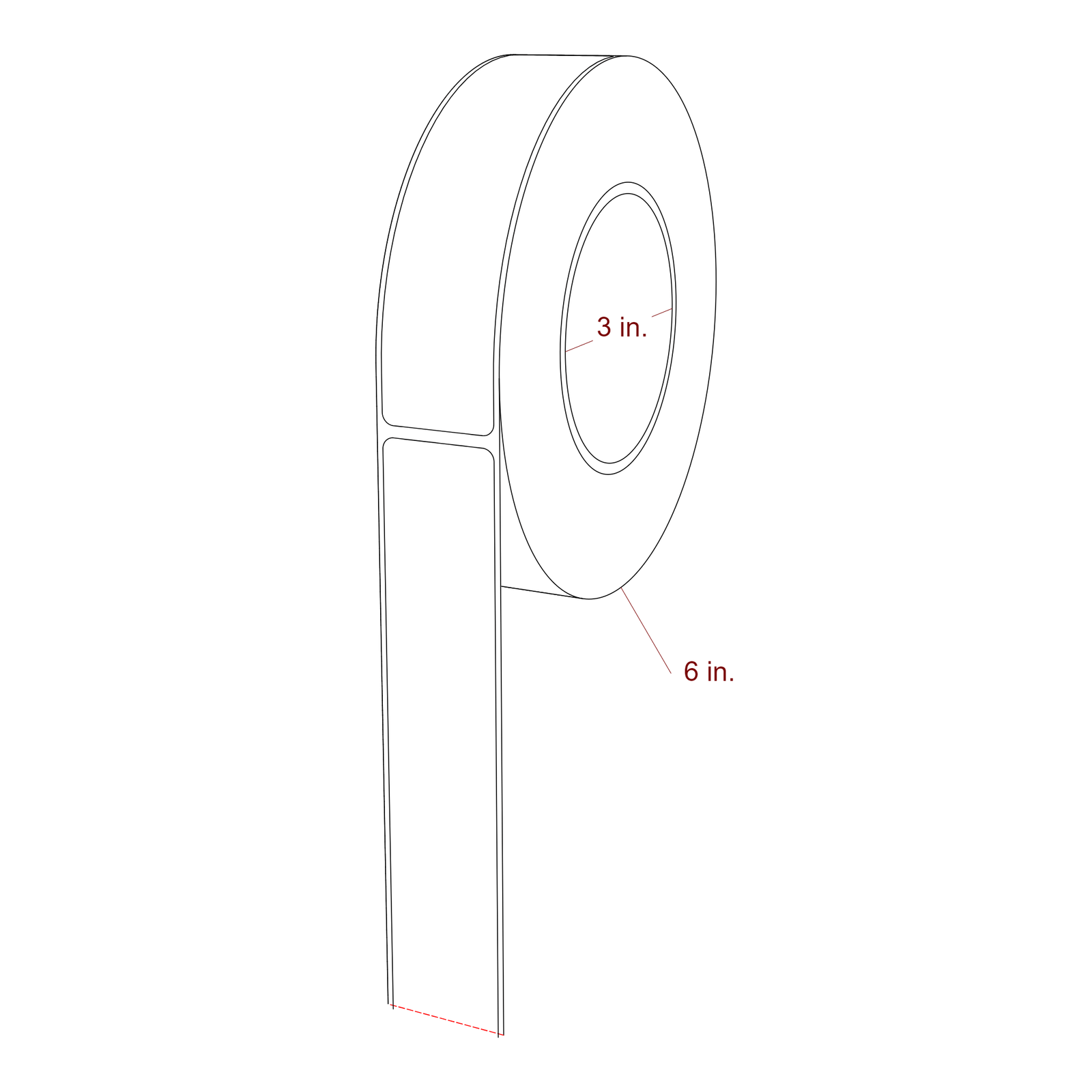1.25 Inch x 5.25 Inch Rectangle Inkjet Label Roll - 3 Inch Core - 6 Inch Roll OD - 3D Perspective