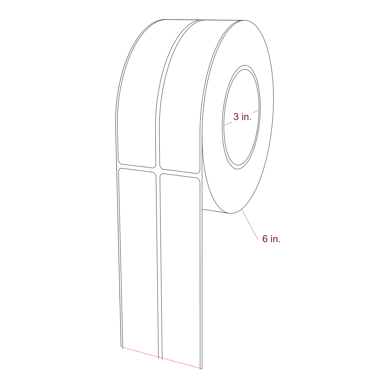 1.25 Inch x 5.75 Inch Rectangle Inkjet Label Roll - 3 Inch Core - 6 Inch Roll OD - 2Up - 3D Perspective