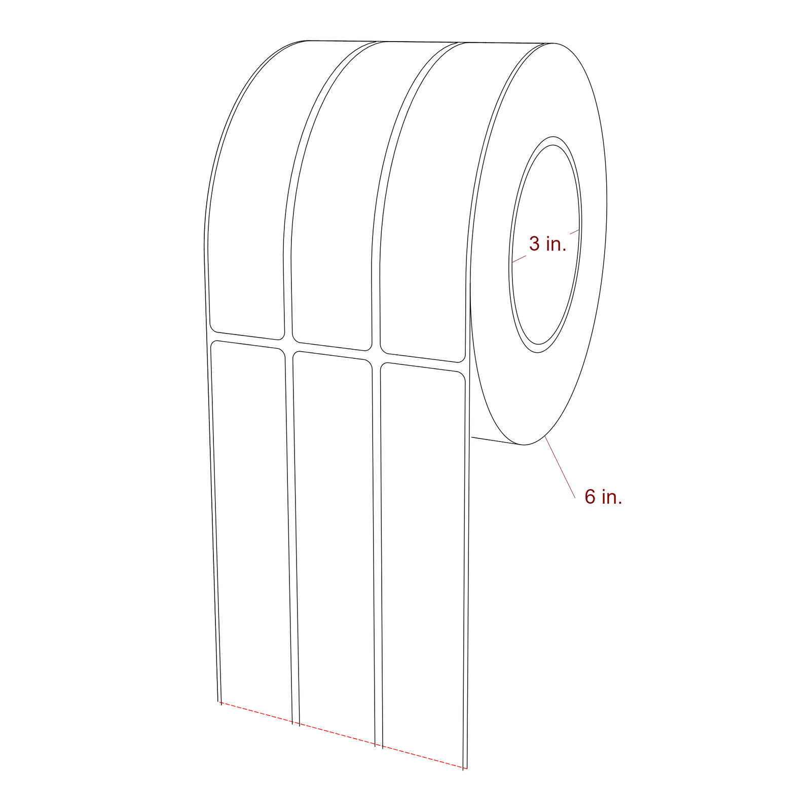 1.25 Inch x 5.75 Inch Rectangle Inkjet Label Roll - 3 Inch Core - 6 Inch Roll OD - 3Up - 3D Perspective