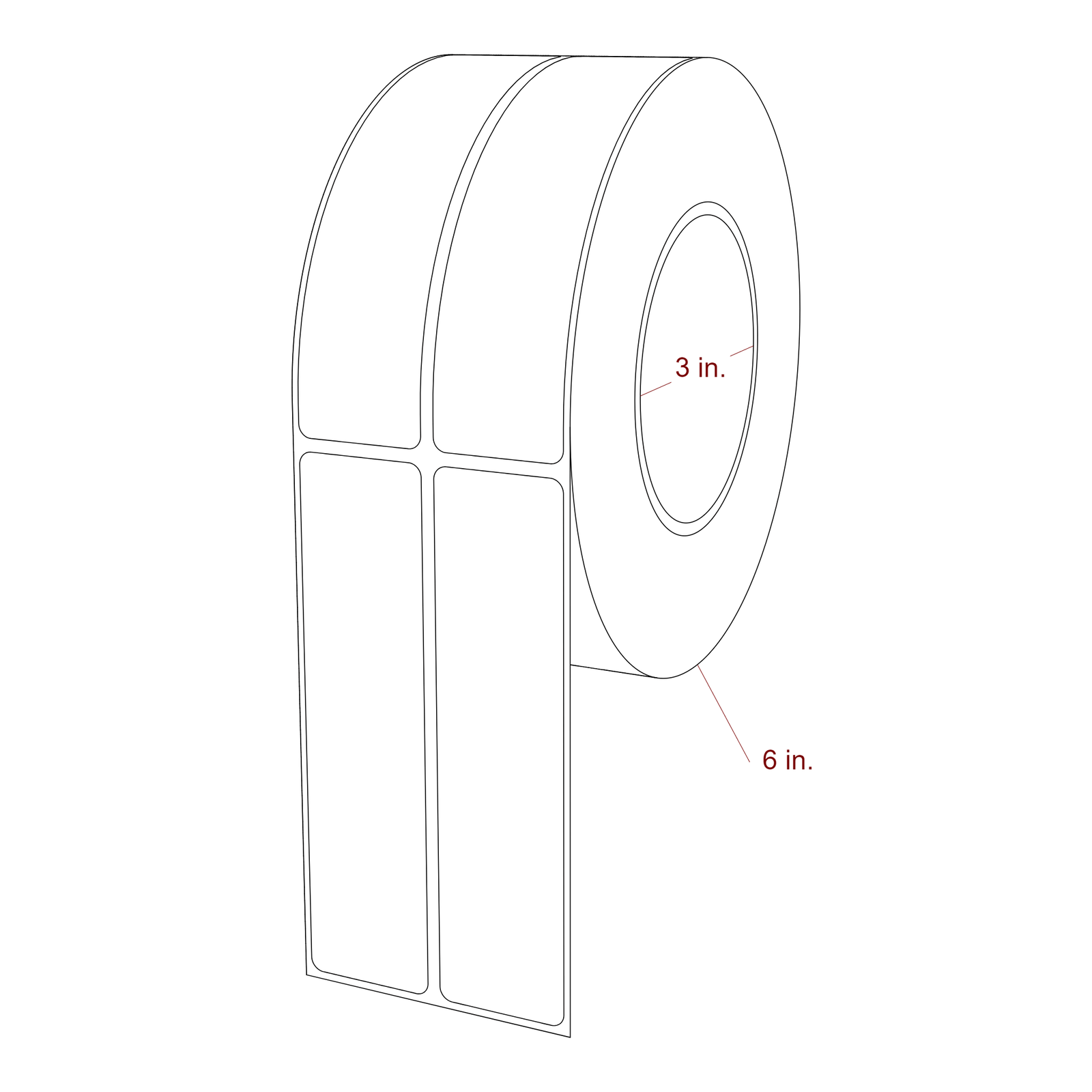 1.25 Inch x 5 Inch Rectangle Inkjet Label Roll - 3 Inch Core - 6 Inch Roll OD - 2Up - 3D Perspective