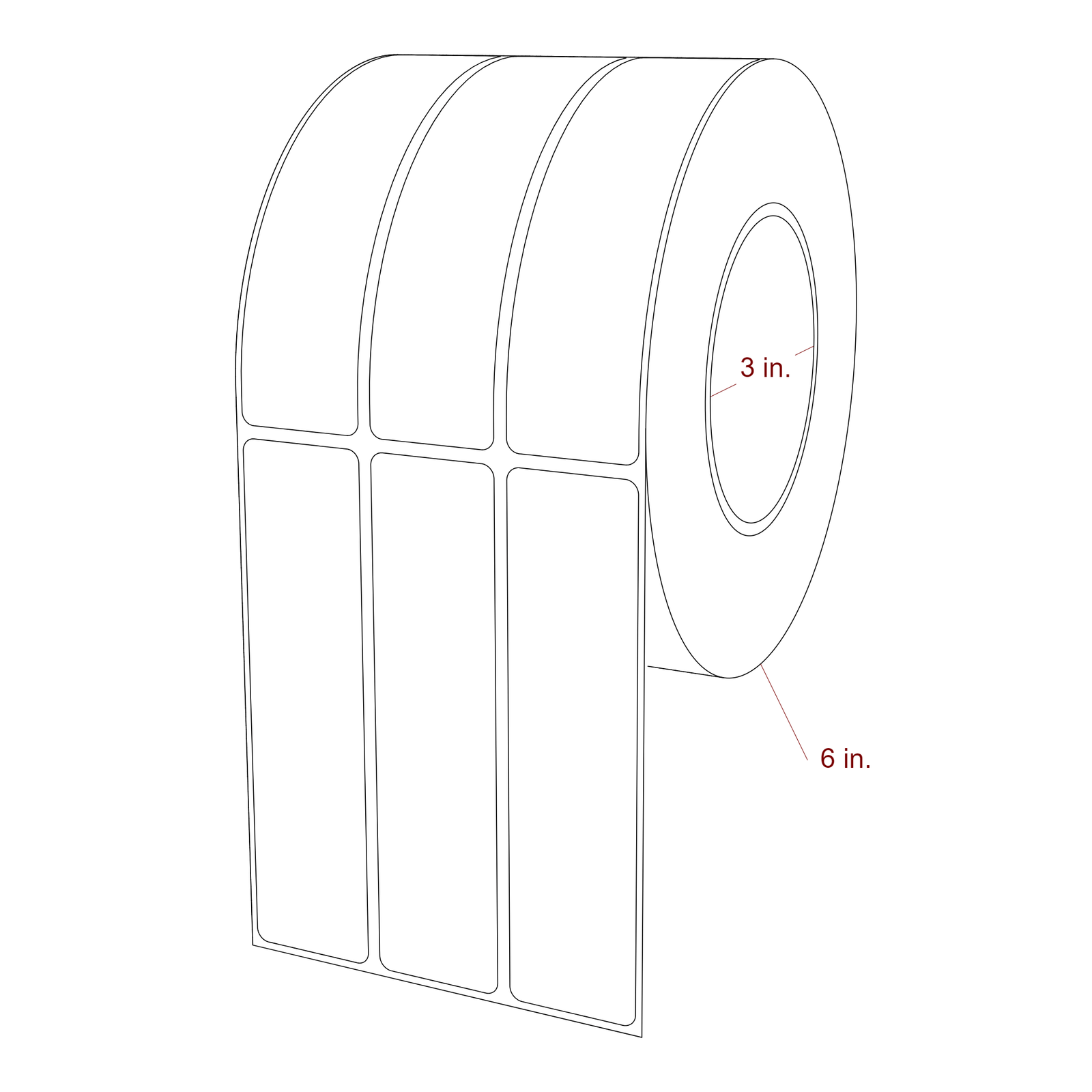 1.25 Inch x 5 Inch Rectangle Inkjet Label Roll - 3 Inch Core - 6 Inch Roll OD - 3Up - 3D Perspective