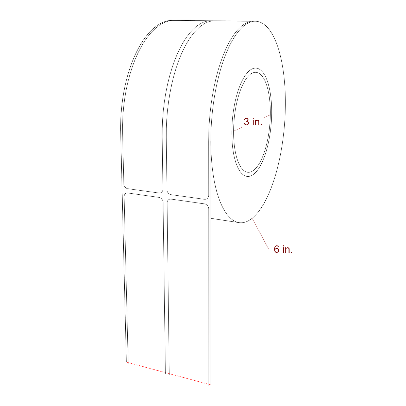 1.25 Inch x 6.25 Inch Rectangle Inkjet Label Roll - 3 Inch Core - 6 Inch Roll OD - 2Up - 3D Perspective