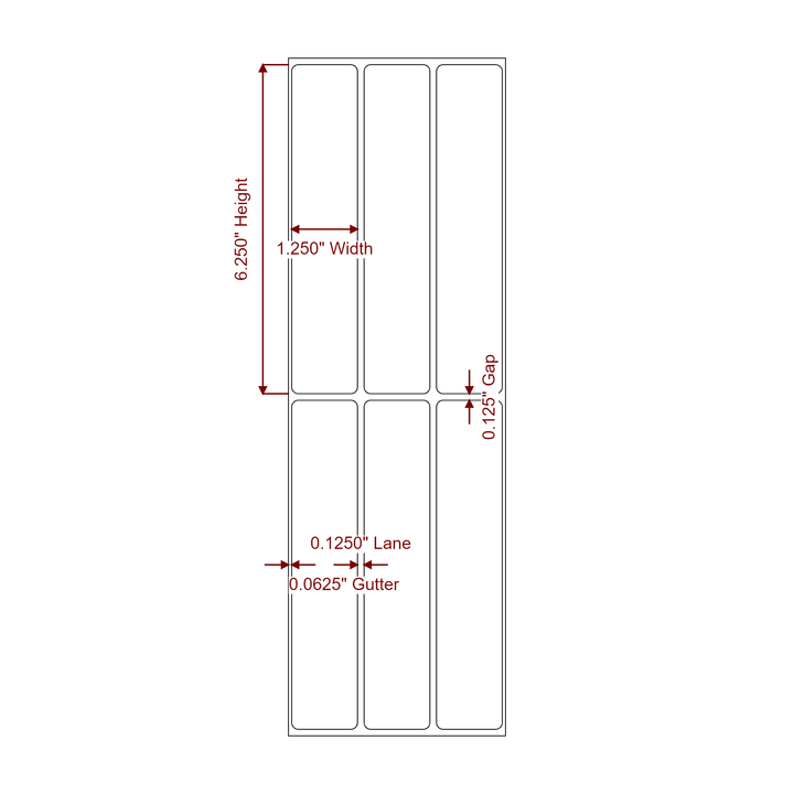 1.25 Inch x 6.25 Inch Rectangle Inkjet Label Roll - 3Up - 2D Drawing