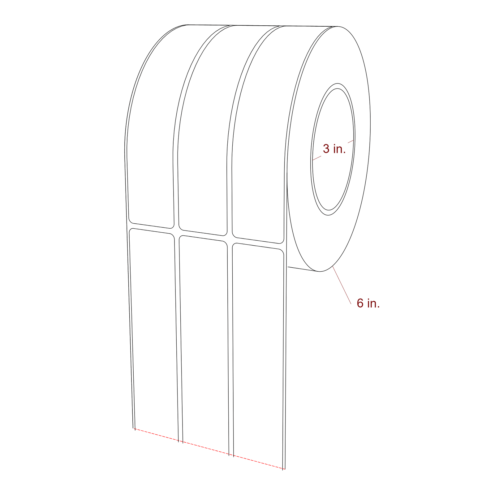 1.25 Inch x 6.25 Inch Rectangle Inkjet Label Roll - 3 Inch Core - 6 Inch Roll OD - 3Up - 3D Perspective