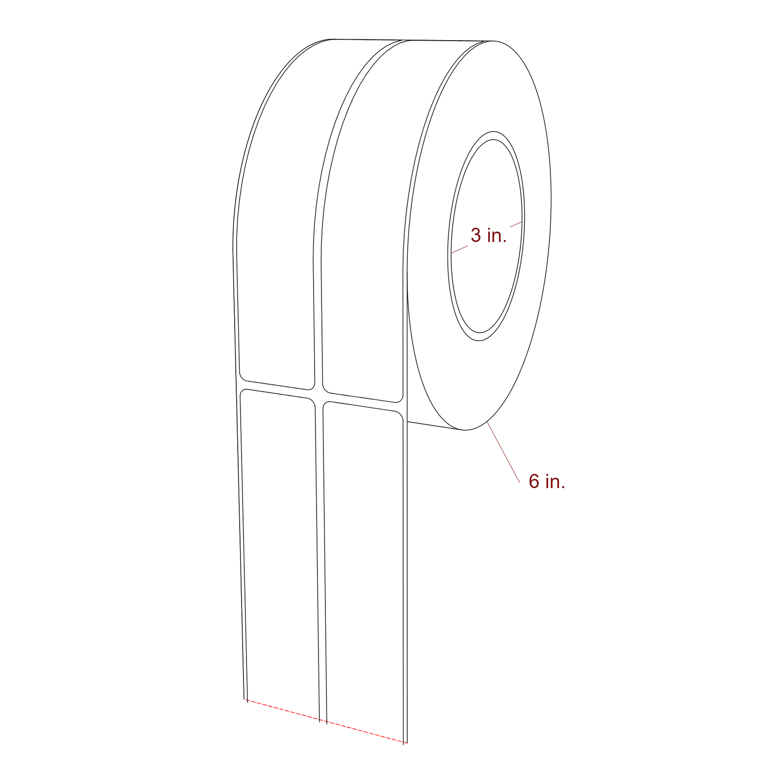 1.25 Inch x 6.5 Inch Rectangle Inkjet Label Roll - 3 Inch Core - 6 Inch Roll OD - 2Up - 3D Perspective