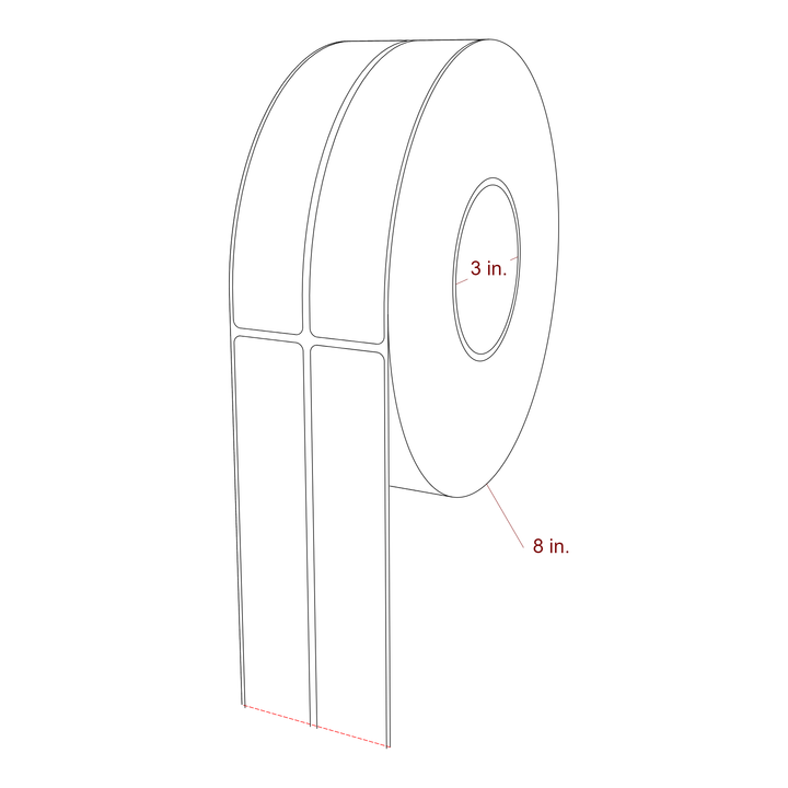 1.25 Inch x 6.5 Inch Rectangle Inkjet Label Roll - 3 Inch Core - 8 Inch Roll OD - 2Up - 3D Perspective