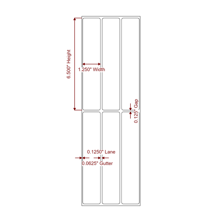 1.25 Inch x 6.5 Inch Rectangle Inkjet Label Roll - 3Up - 2D Drawing