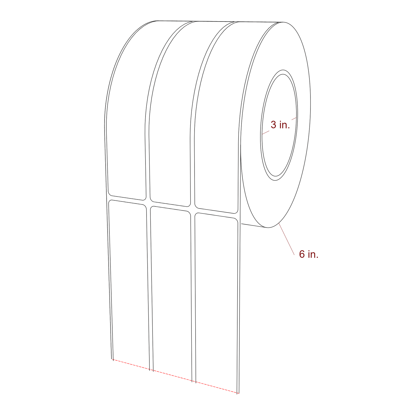 1.25 Inch x 6.5 Inch Rectangle Inkjet Label Roll - 3 Inch Core - 6 Inch Roll OD - 3Up - 3D Perspective