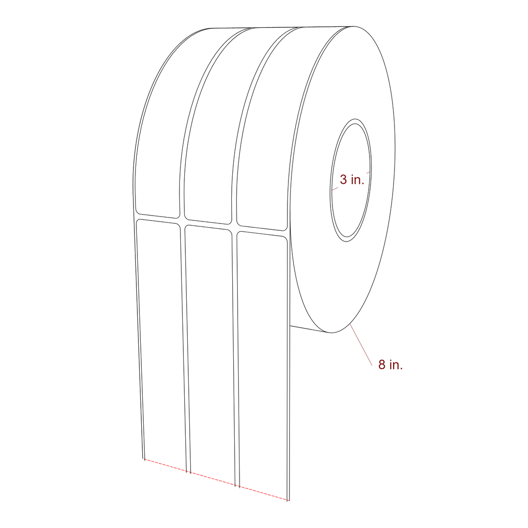 1.25 Inch x 6.5 Inch Rectangle Inkjet Label Roll - 3 Inch Core - 8 Inch Roll OD - 3Up - 3D Perspective