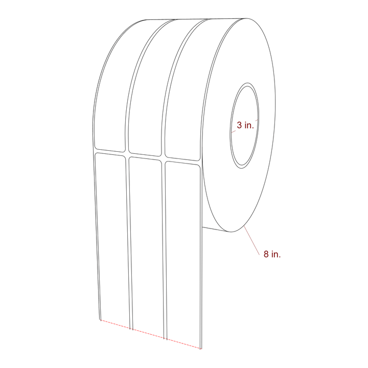 1.25 Inch x 6.5 Inch Rectangle Inkjet Label Roll - 3 Inch Core - 8 Inch Roll OD - 3Up - 3D Perspective
