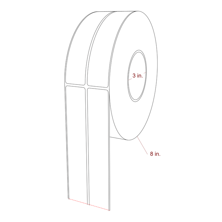 1.25 Inch x 6 Inch Rectangle Inkjet Label Roll - 3 Inch Core - 8 Inch Roll OD - 2Up - 3D Perspective
