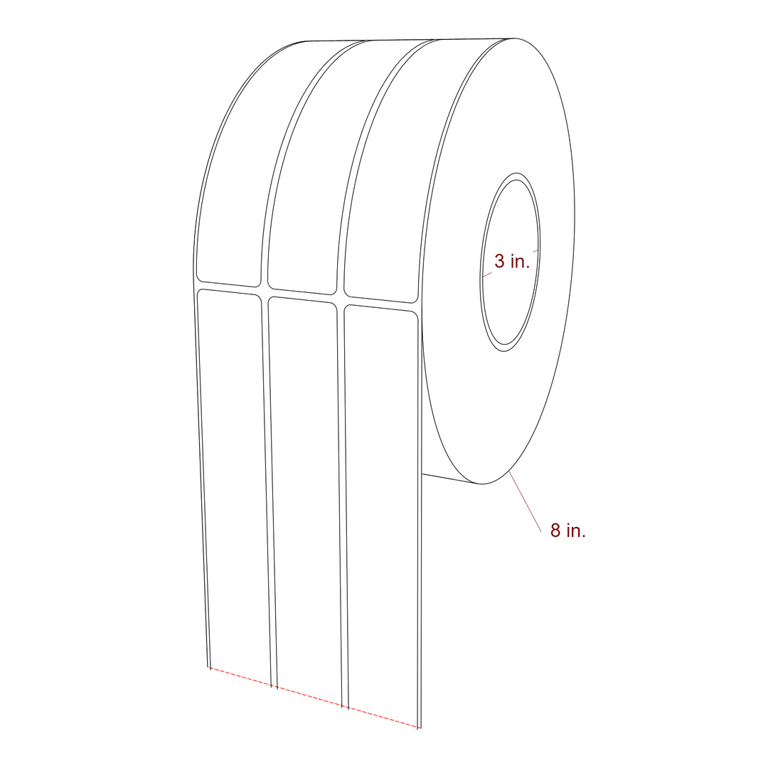 1.25 Inch x 6 Inch Rectangle Inkjet Label Roll - 3 Inch Core - 8 Inch Roll OD - 3Up - 3D Perspective