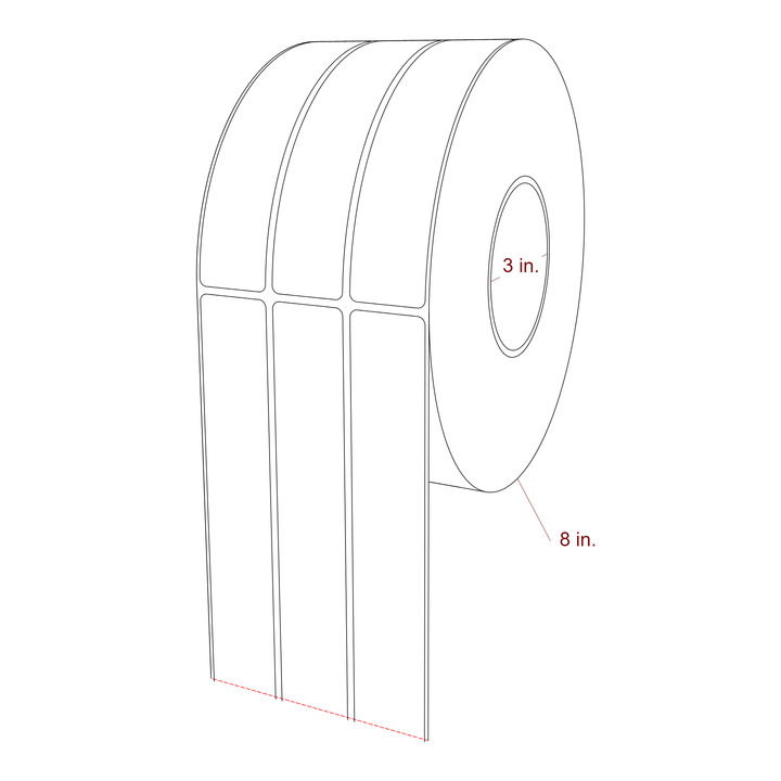 1.25 Inch x 6 Inch Rectangle Inkjet Label Roll - 3 Inch Core - 8 Inch Roll OD - 3Up - 3D Perspective
