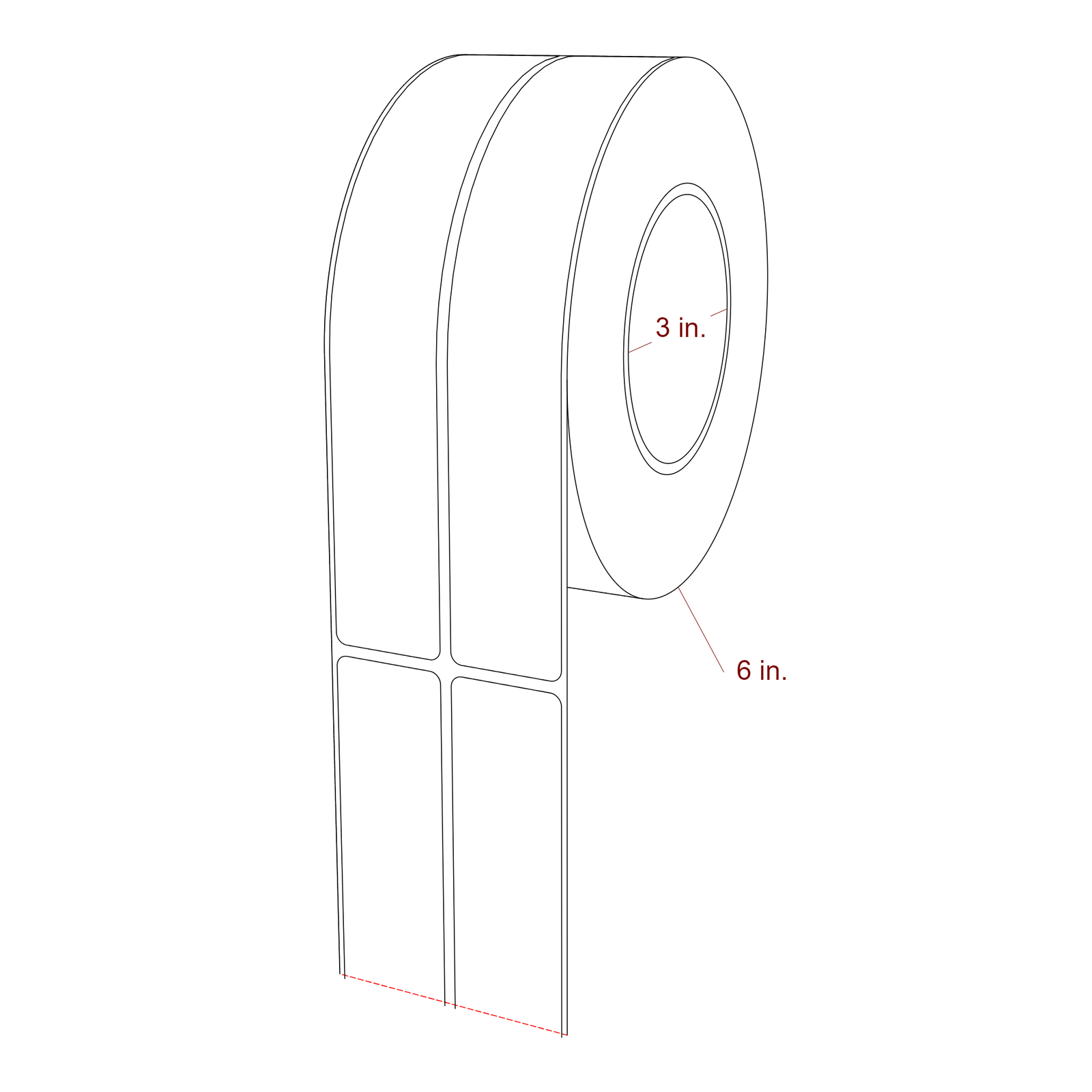 1.25 Inch x 7.75 Inch Rectangle Inkjet Label Roll - 3 Inch Core - 6 Inch Roll OD - 2Up - 3D Perspective