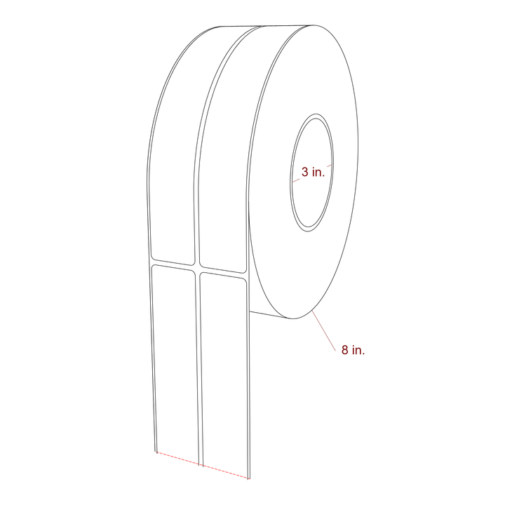 1.25 Inch x 7.75 Inch Rectangle Inkjet Label Roll - 3 Inch Core - 8 Inch Roll OD - 2Up - 3D Perspective