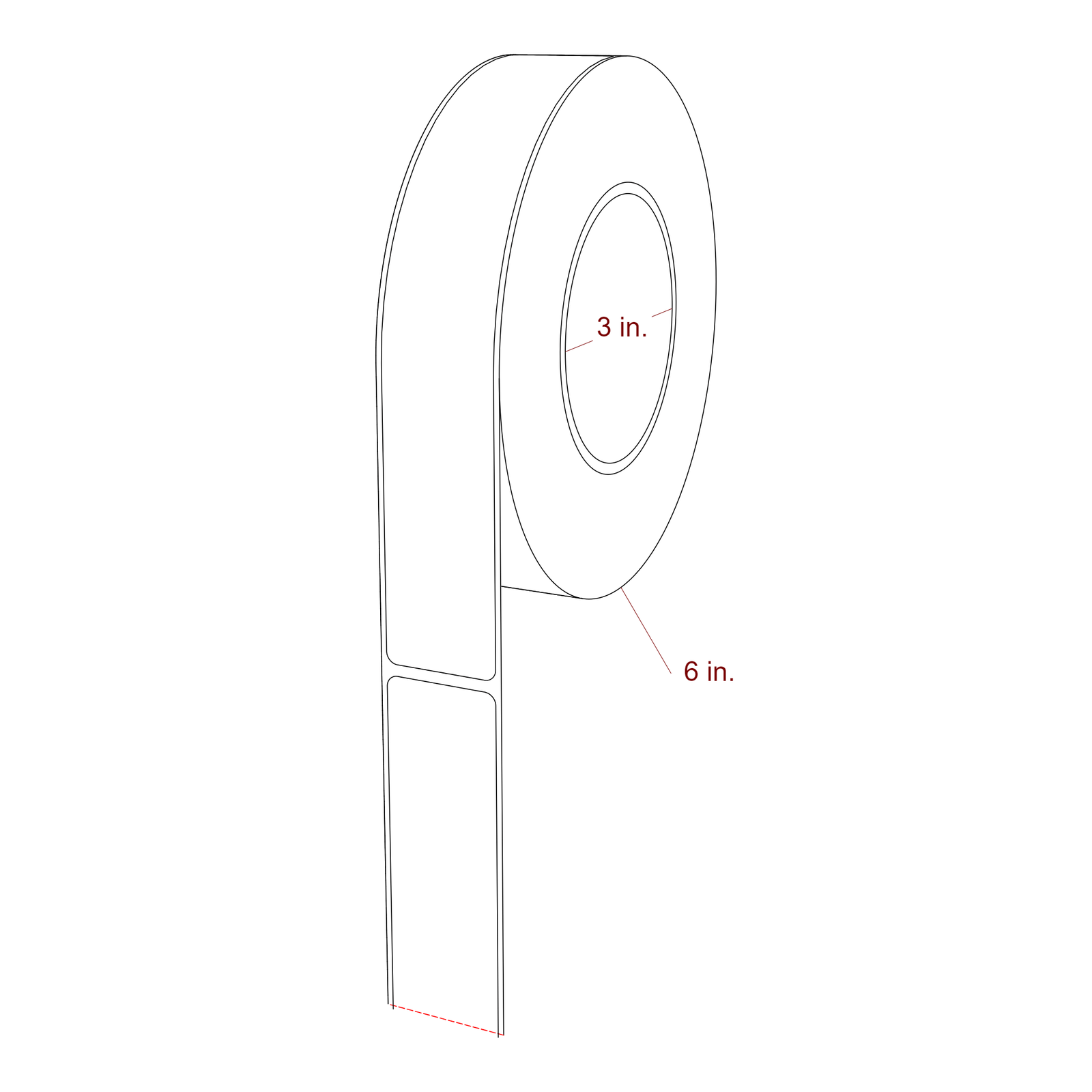 1.25 Inch x 7.75 Inch Rectangle Inkjet Label Roll - 3 Inch Core - 6 Inch Roll OD - 3D Perspective