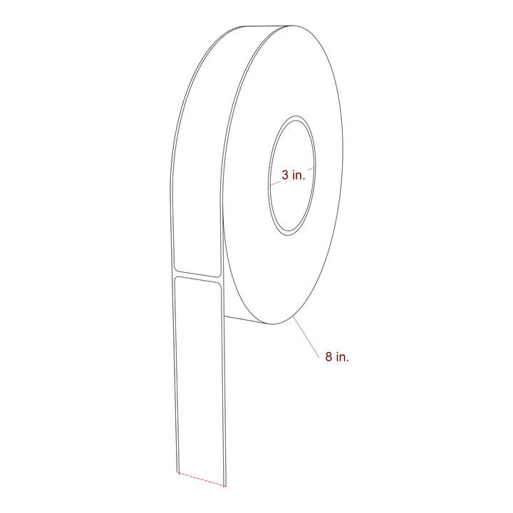 1.25 Inch x 7.75 Inch Rectangle Inkjet Label Roll - 3 Inch Core - 8 Inch Roll OD - 3D Perspective