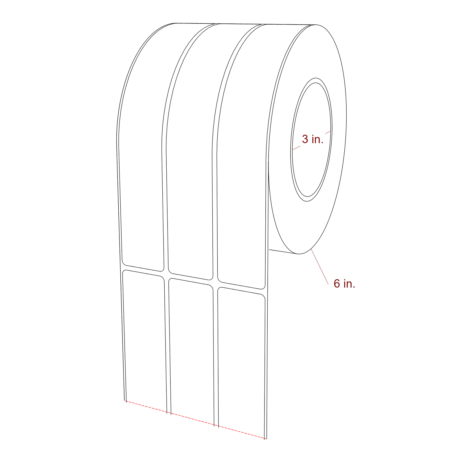 1.25 Inch x 7.75 Inch Rectangle Inkjet Label Roll - 3 Inch Core - 6 Inch Roll OD - 3Up - 3D Perspective