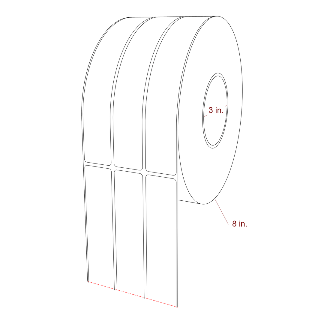 1.25 Inch x 7.75 Inch Rectangle Inkjet Label Roll - 3 Inch Core - 8 Inch Roll OD - 3Up - 3D Perspective