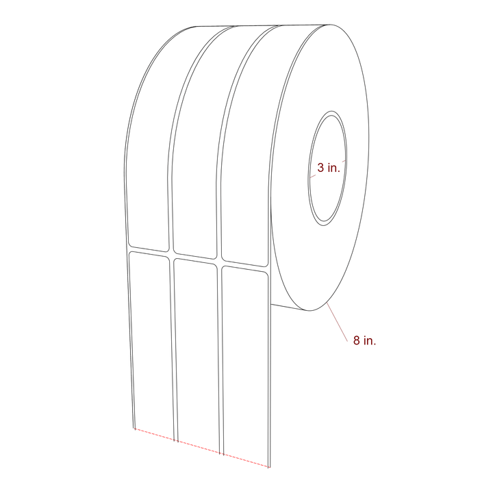 1.25 Inch x 7.75 Inch Rectangle Inkjet Label Roll - 3 Inch Core - 8 Inch Roll OD - 3Up - 3D Perspective