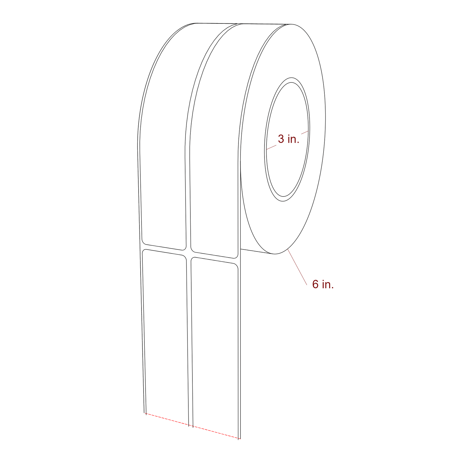 1.25 Inch x 7 Inch Rectangle Inkjet Label Roll - 3 Inch Core - 6 Inch Roll OD - 2Up - 3D Perspective
