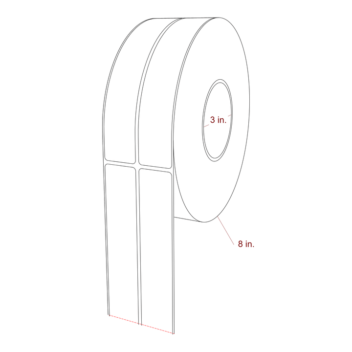 1.25 Inch x 7 Inch Rectangle Inkjet Label Roll - 3 Inch Core - 8 Inch Roll OD - 2Up - 3D Perspective