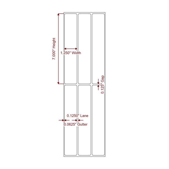 1.25 Inch x 7 Inch Rectangle Inkjet Label Roll - 3Up - 2D Drawing