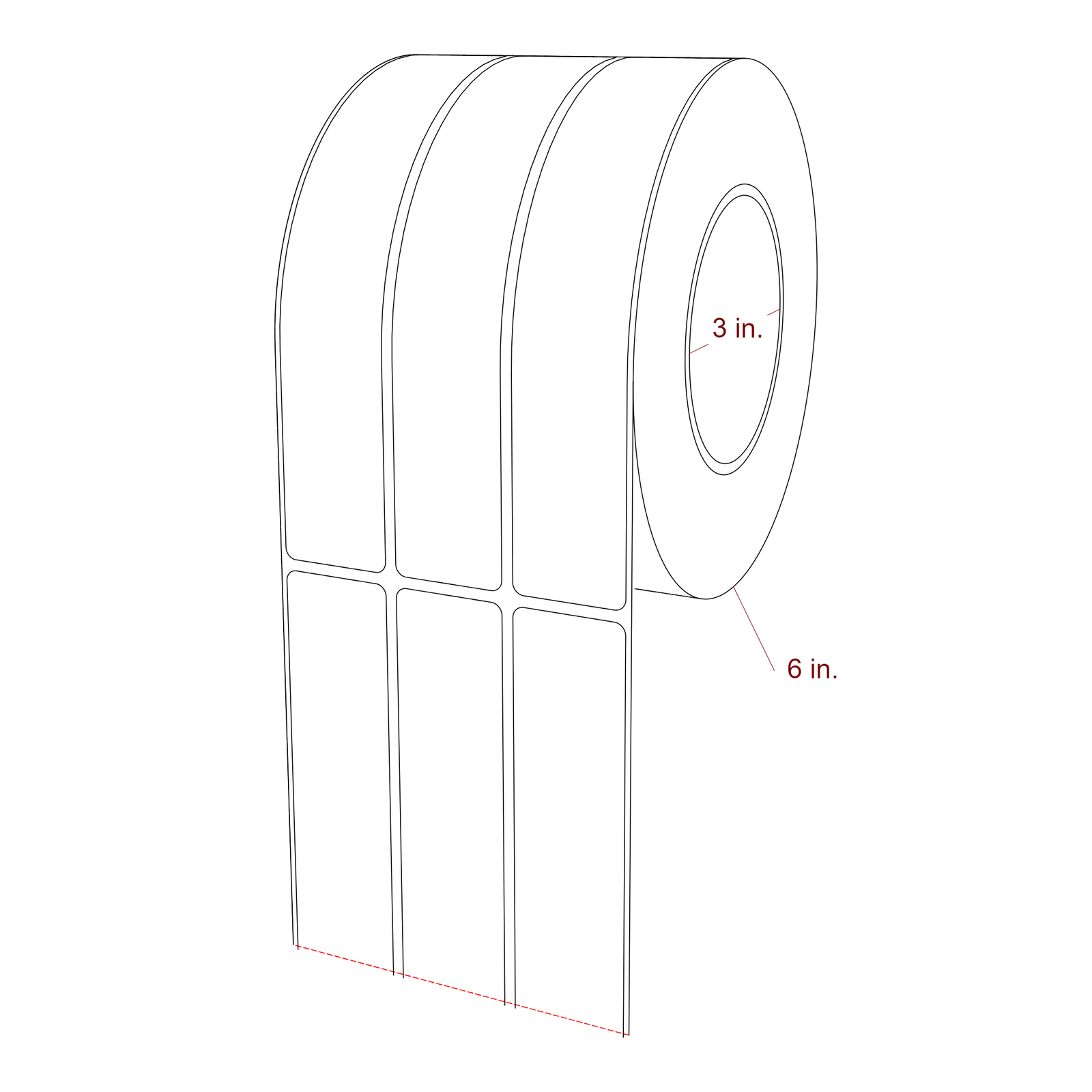 1.25 Inch x 7 Inch Rectangle Inkjet Label Roll - 3 Inch Core - 6 Inch Roll OD - 3Up - 3D Perspective