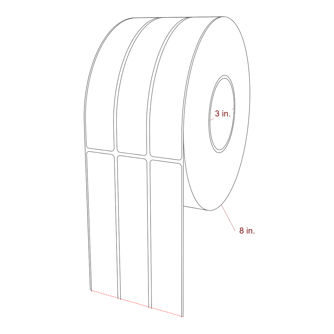 1.25 Inch x 7 Inch Rectangle Inkjet Label Roll - 3 Inch Core - 8 Inch Roll OD - 3Up - 3D Perspective