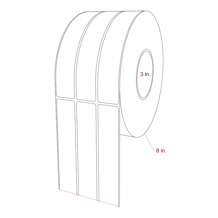 1.25 Inch x 7 Inch Rectangle Inkjet Label Roll - 3 Inch Core - 8 Inch Roll OD - 3Up - 3D Perspective