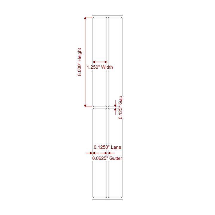 1.25 Inch x 8 Inch Rectangle Inkjet Label Roll - 2Up - 2D Drawing