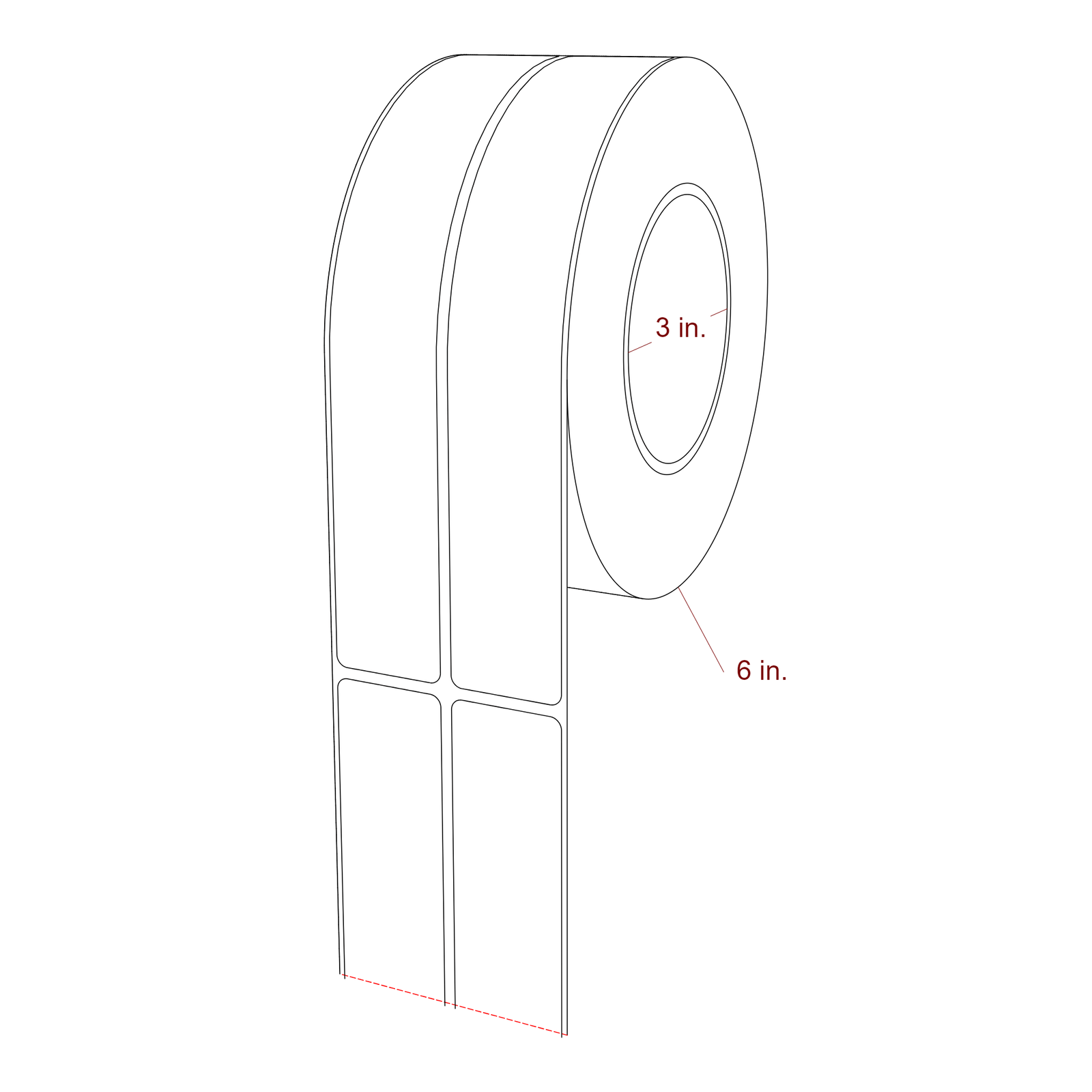 1.25 Inch x 8 Inch Rectangle Inkjet Label Roll - 3 Inch Core - 6 Inch Roll OD - 2Up - 3D Perspective