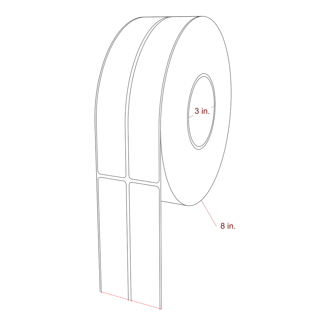 1.25 Inch x 8 Inch Rectangle Inkjet Label Roll - 3 Inch Core - 8 Inch Roll OD - 2Up - 3D Perspective