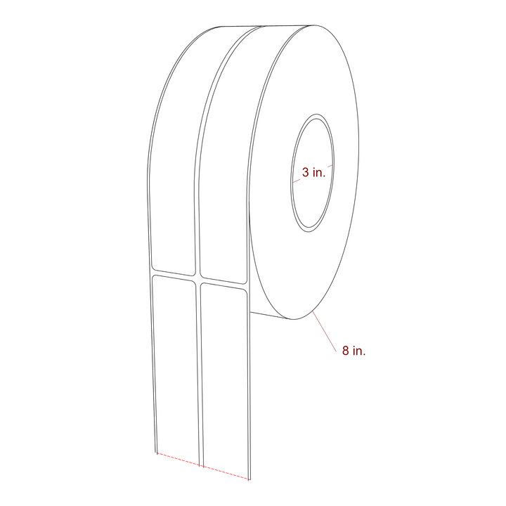 1.25 Inch x 8 Inch Rectangle Inkjet Label Roll - 3 Inch Core - 8 Inch Roll OD - 2Up - 3D Perspective