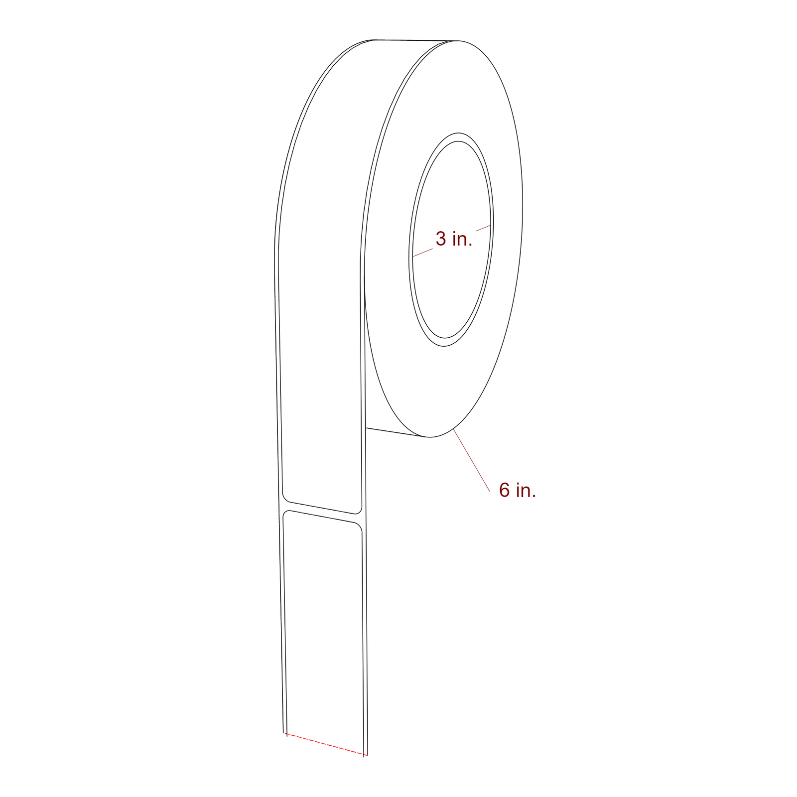 1.25 Inch x 8 Inch Rectangle Inkjet Label Roll - 3 Inch Core - 6 Inch Roll OD - 3D Perspective