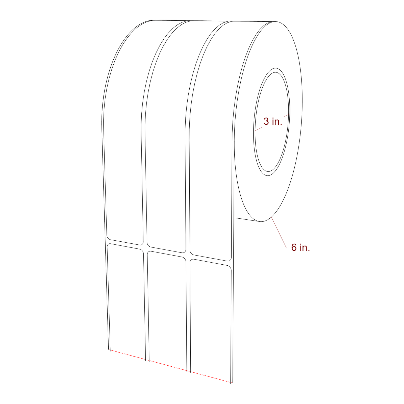 1.25 Inch x 8 Inch Rectangle Inkjet Label Roll - 3 Inch Core - 6 Inch Roll OD - 3Up - 3D Perspective
