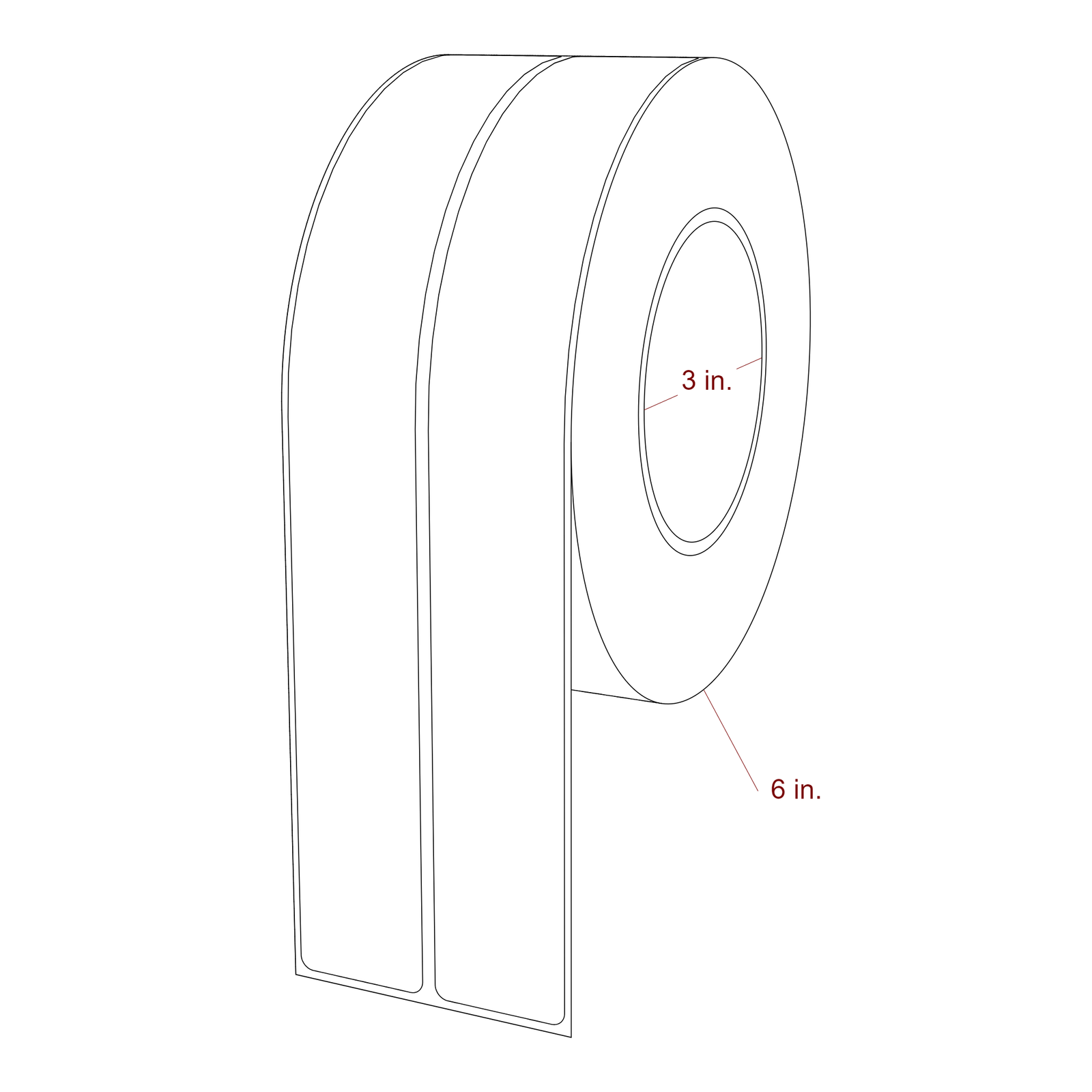 1.25 Inch x 9.75 Inch Rectangle Inkjet Label Roll - 3 Inch Core - 6 Inch Roll OD - 2Up - 3D Perspective