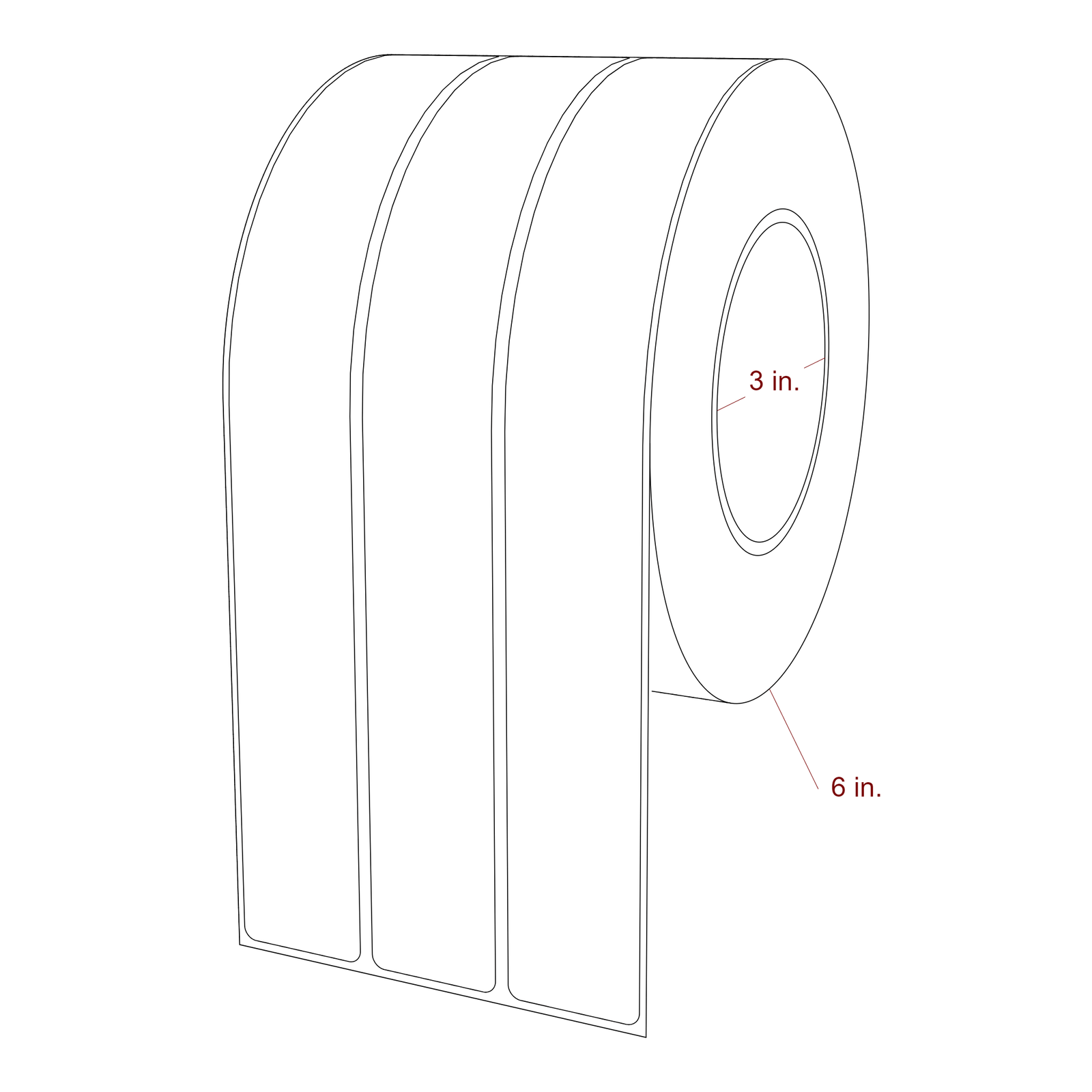 1.25 Inch x 9.75 Inch Rectangle Inkjet Label Roll - 3 Inch Core - 6 Inch Roll OD - 3Up - 3D Perspective