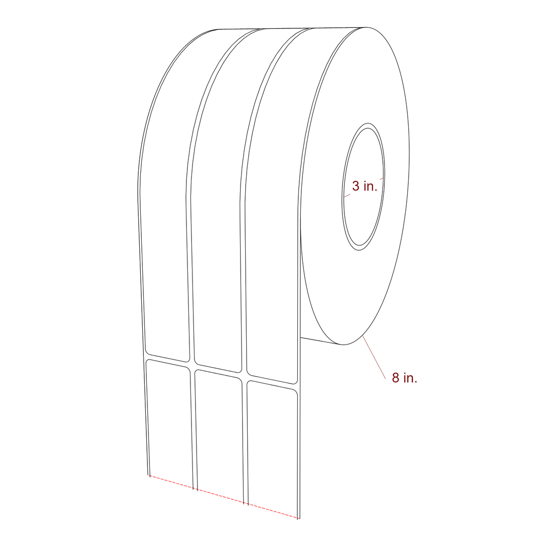 1.25 Inch x 9.75 Inch Rectangle Inkjet Label Roll - 3 Inch Core - 8 Inch Roll OD - 3Up - 3D Perspective